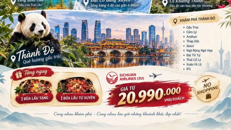 TOUR NO SHOPPING THÀNH ĐÔ – TỨ CÔ NƯƠNG TÙNG BÌNH CÂU – ĐẠT CỔ BĂNG XUYÊN 6N5Đ